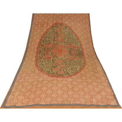 Sanskriti Vintage Sarees Orange Pure Crepe Silk Printed Sari 5+yd Craft Sustainable Fabric