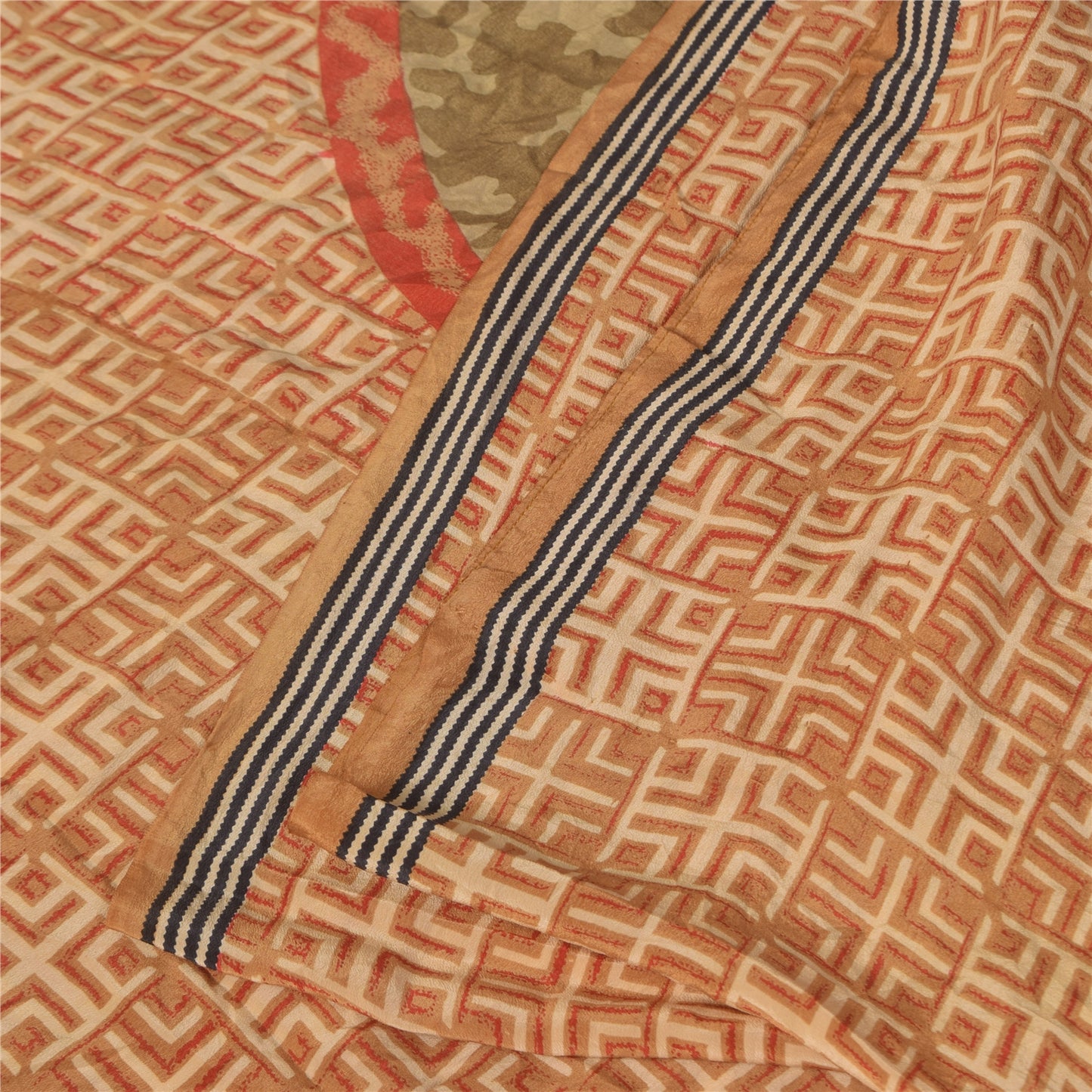 Sanskriti Vintage Sarees Orange Pure Crepe Silk Printed Sari 5+yd Craft Sustainable Fabric