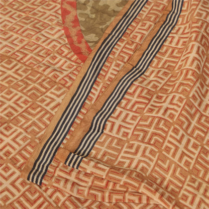 Sanskriti Vintage Sarees Orange Pure Crepe Silk Printed Sari 5+yd Craft Sustainable Fabric