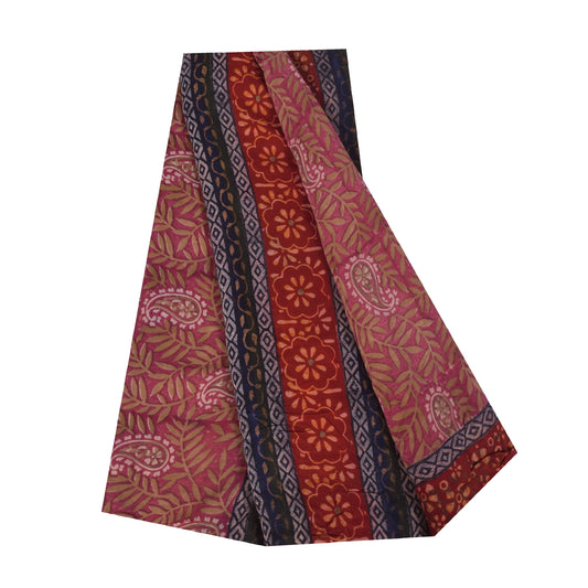 Sanskriti Vintage Sarees Purple Pure Crepe Silk Printed Sari 5+yd Craft Fabric