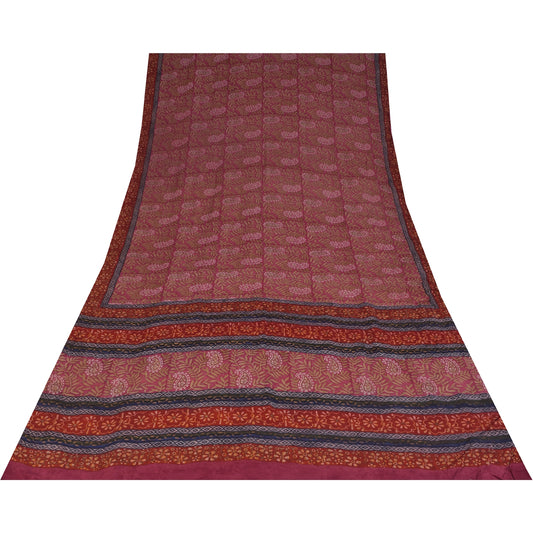 Sanskriti Vintage Sarees Purple Pure Crepe Silk Printed Sari 5+yd Craft Fabric