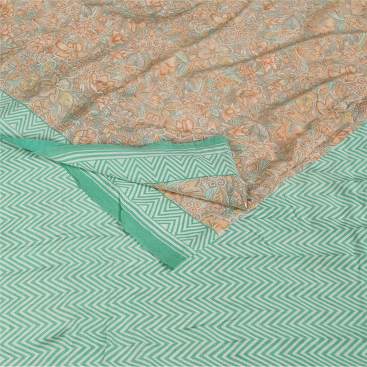 Sanskriti Vintage Sarees Gray & Green Pure Crepe Printed Sari 5+yd Craft Sustainable Fabric