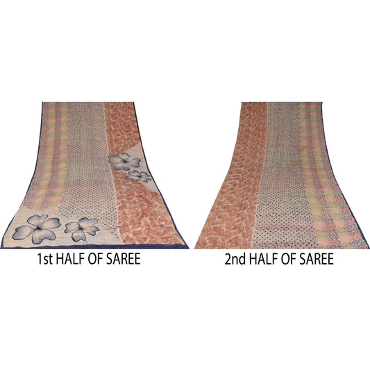 Sanskriti Vintage Sarees Ivory Pure Crepe Silk Printed Sari 5+yd Craft Fabric