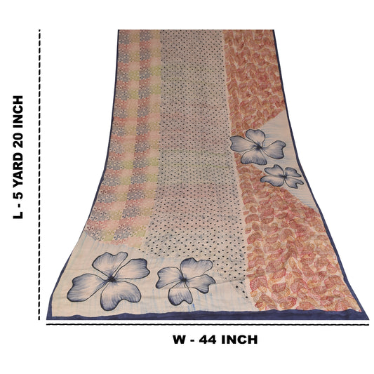 Sanskriti Vintage Sarees Ivory Pure Crepe Silk Printed Sari 5+yd Craft Fabric
