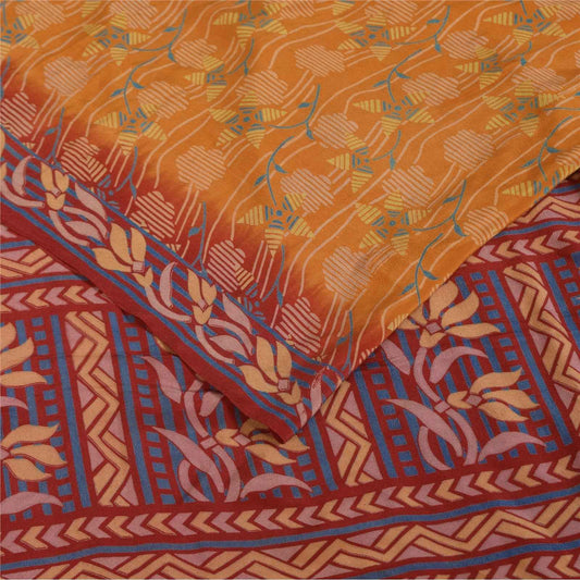 Sanskriti Vintage Sarees Mustard Pure Crepe Silk Printed Sari 5+yd Craft Fabric