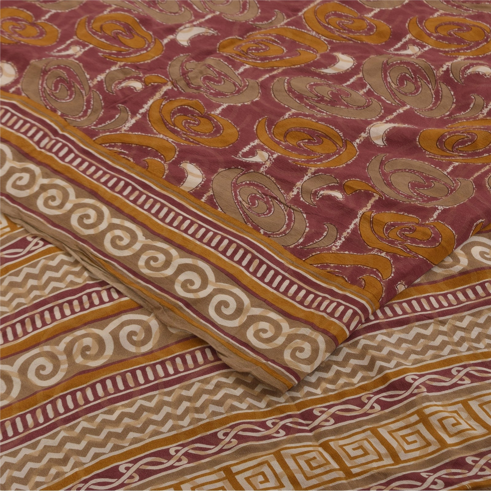 Sanskriti Vintage Sarees Purple Pure Crepe Silk Printed Sari 5+yd Craft Fabric