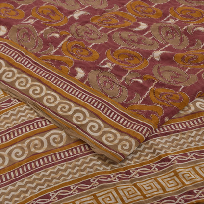 Sanskriti Vintage Sarees Purple Pure Crepe Silk Printed Sari 5+yd Craft Fabric