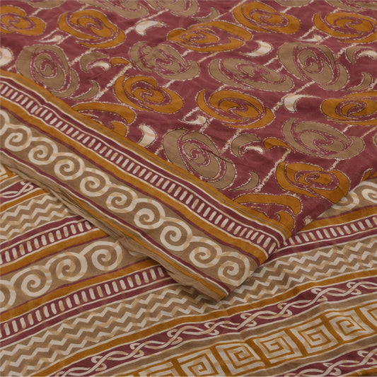 Sanskriti Vintage Sarees Purple Pure Crepe Silk Printed Sari 5+yd Craft Fabric