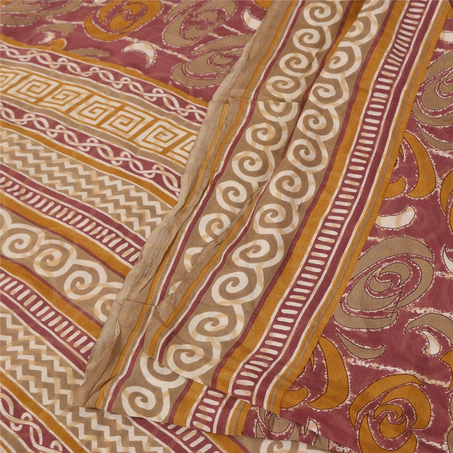 Sanskriti Vintage Sarees Purple Pure Crepe Silk Printed Sari 5+yd Craft Fabric