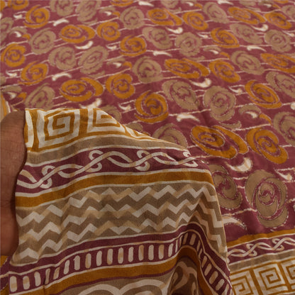 Sanskriti Vintage Sarees Purple Pure Crepe Silk Printed Sari 5+yd Craft Fabric