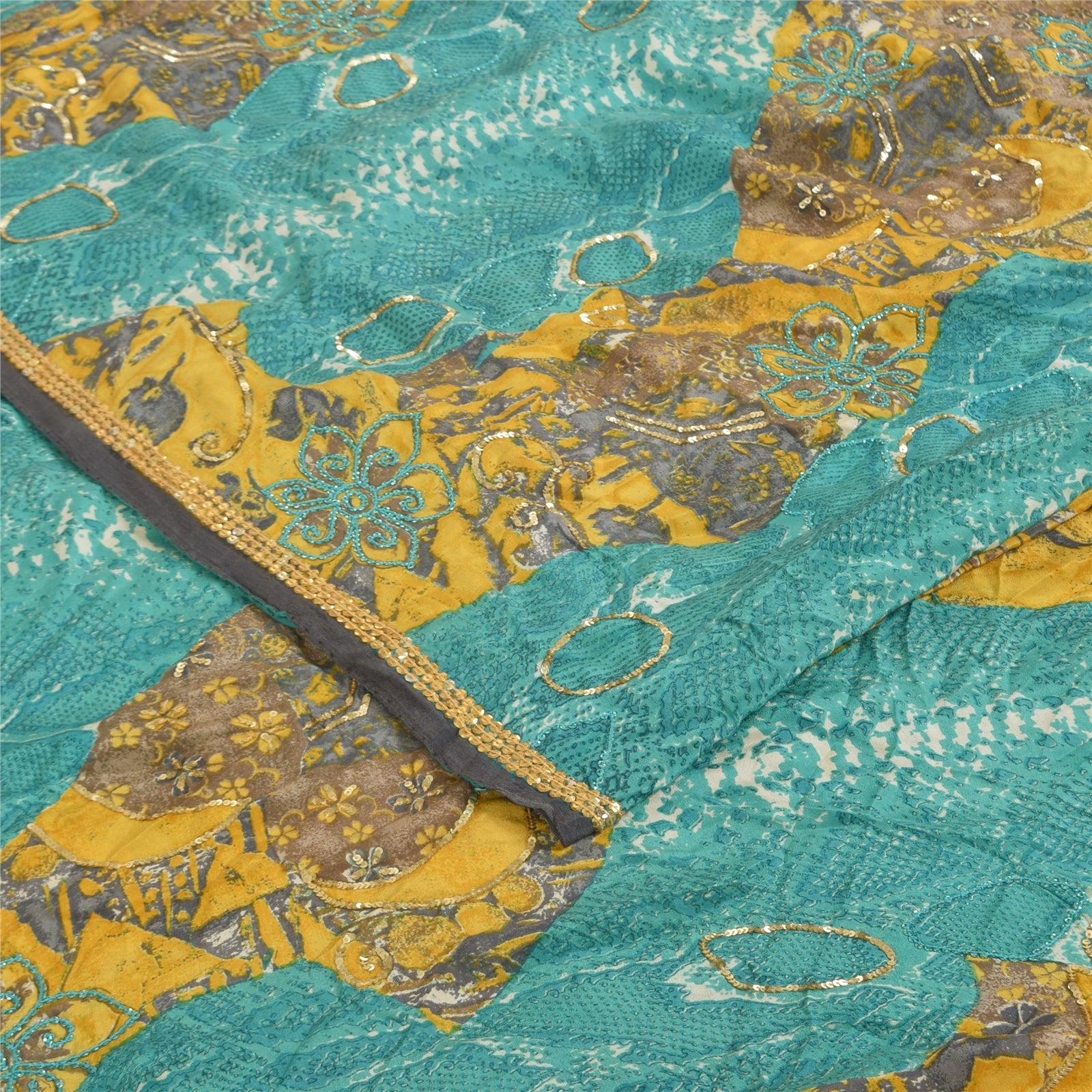 Sanskriti Vintage Sarees Blue & Yellow Pure Crepe Print Embroidered Sari Fabric