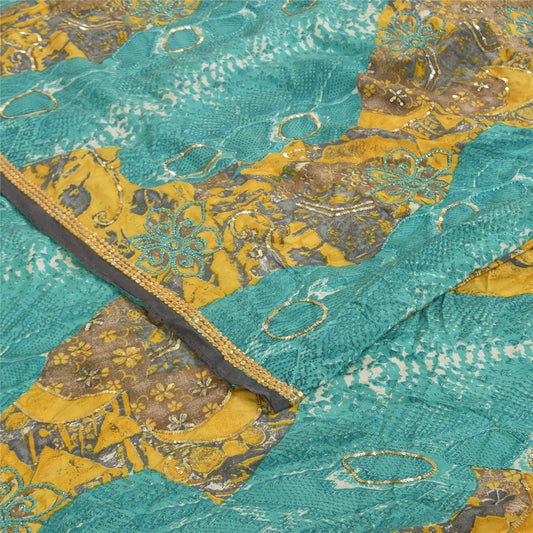 Sanskriti Vintage Sarees Blue & Yellow Pure Crepe Print Embroidered Sari Fabric