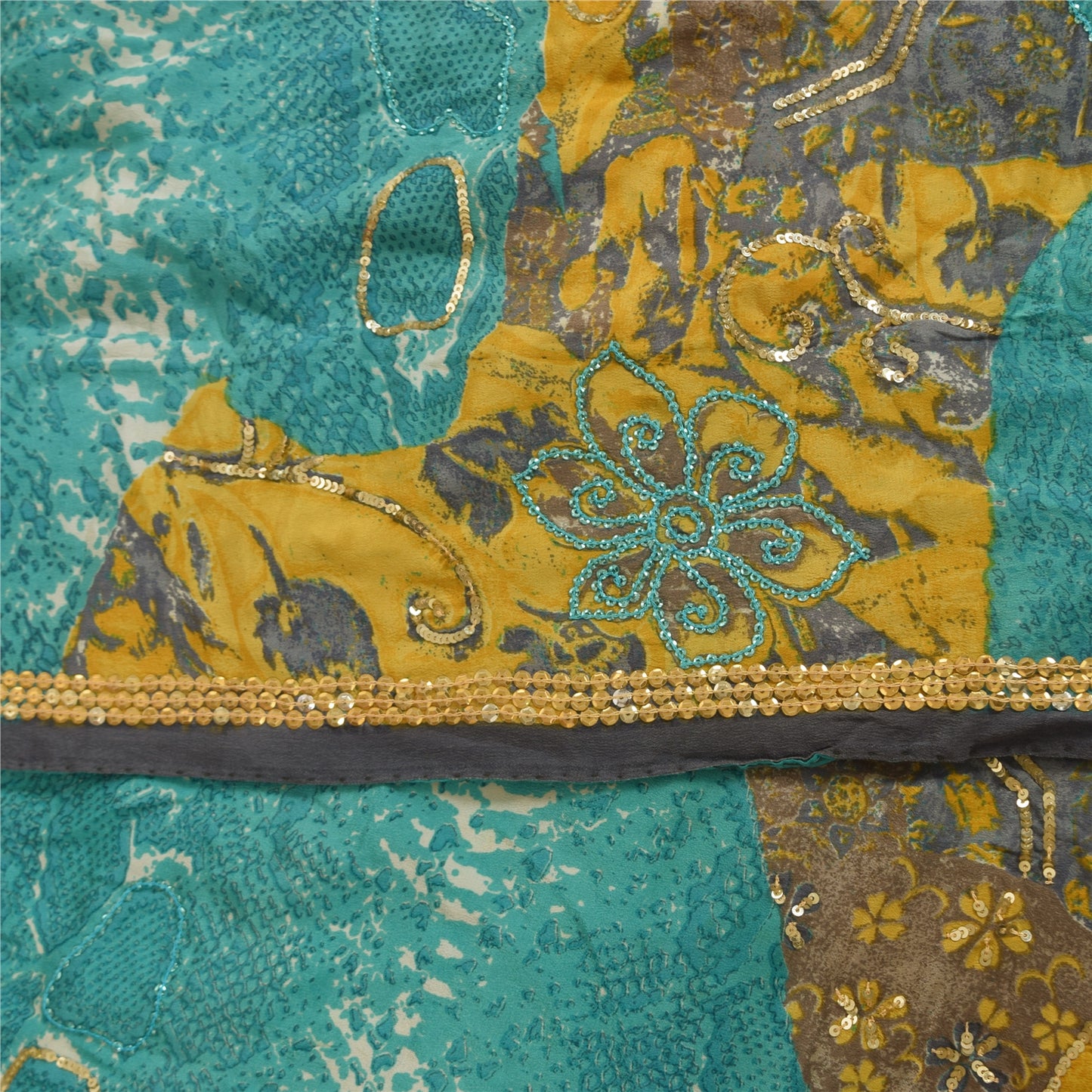 Сари в винтажном стиле на санскрите, синяя и желтая, чистый креповый принт, вышитая ткань для сари