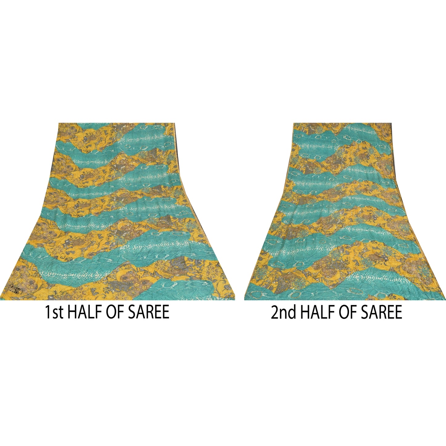 Sanskriti Vintage Sarees Blue & Yellow Pure Crepe Print Embroidered Sari Fabric