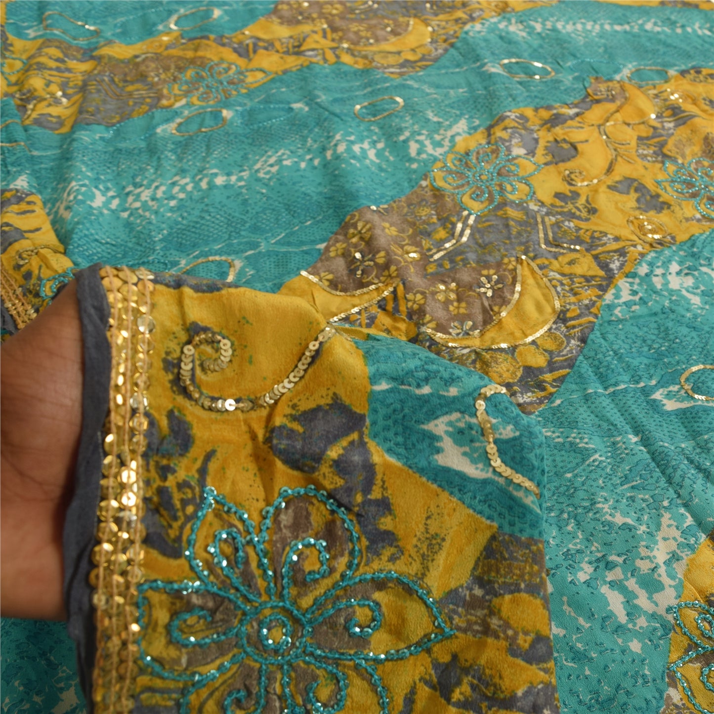 Sanskriti Vintage Sarees Blue & Yellow Pure Crepe Print Embroidered Sari Fabric
