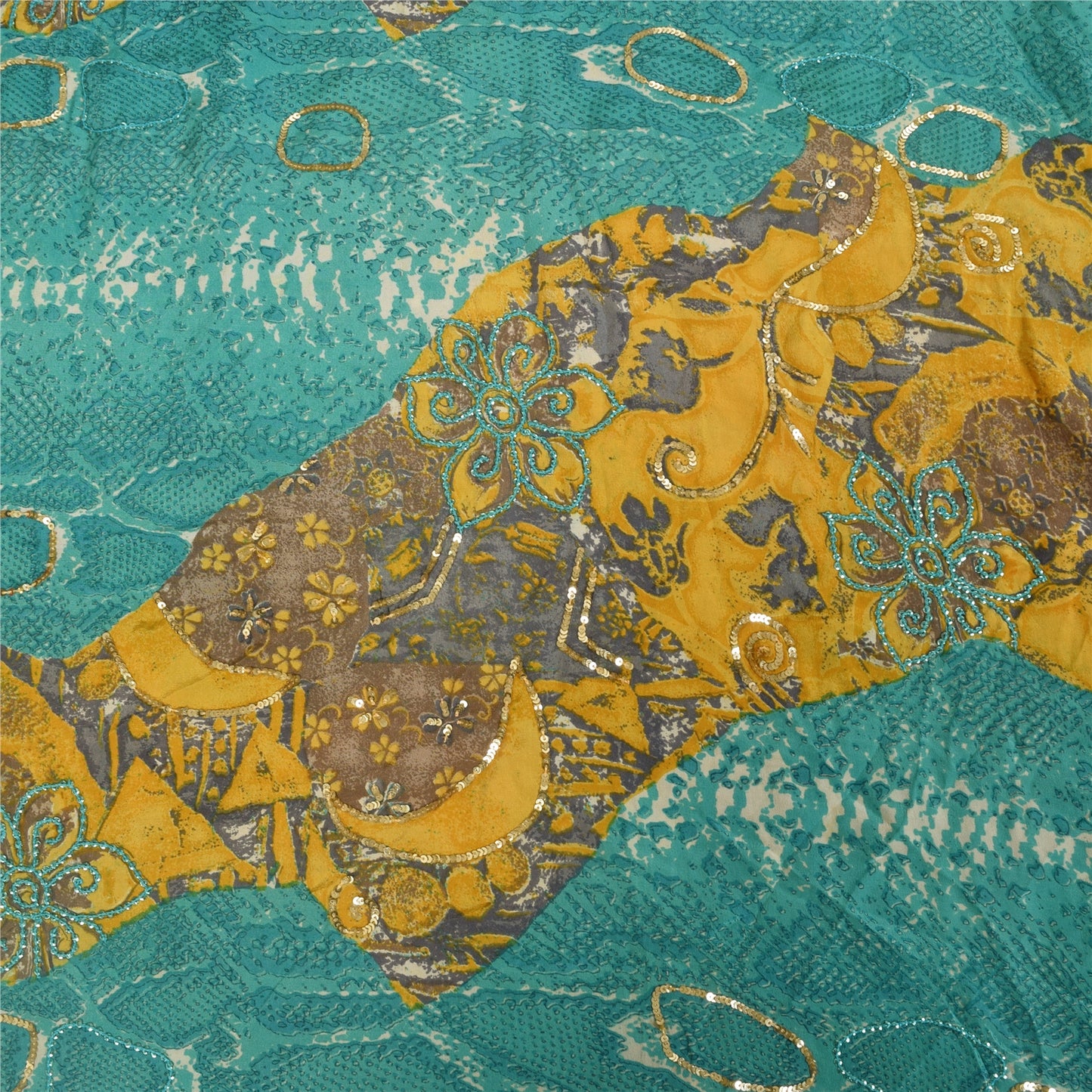 Sanskriti Vintage Sarees Blue & Yellow Pure Crepe Print Embroidered Sari Fabric