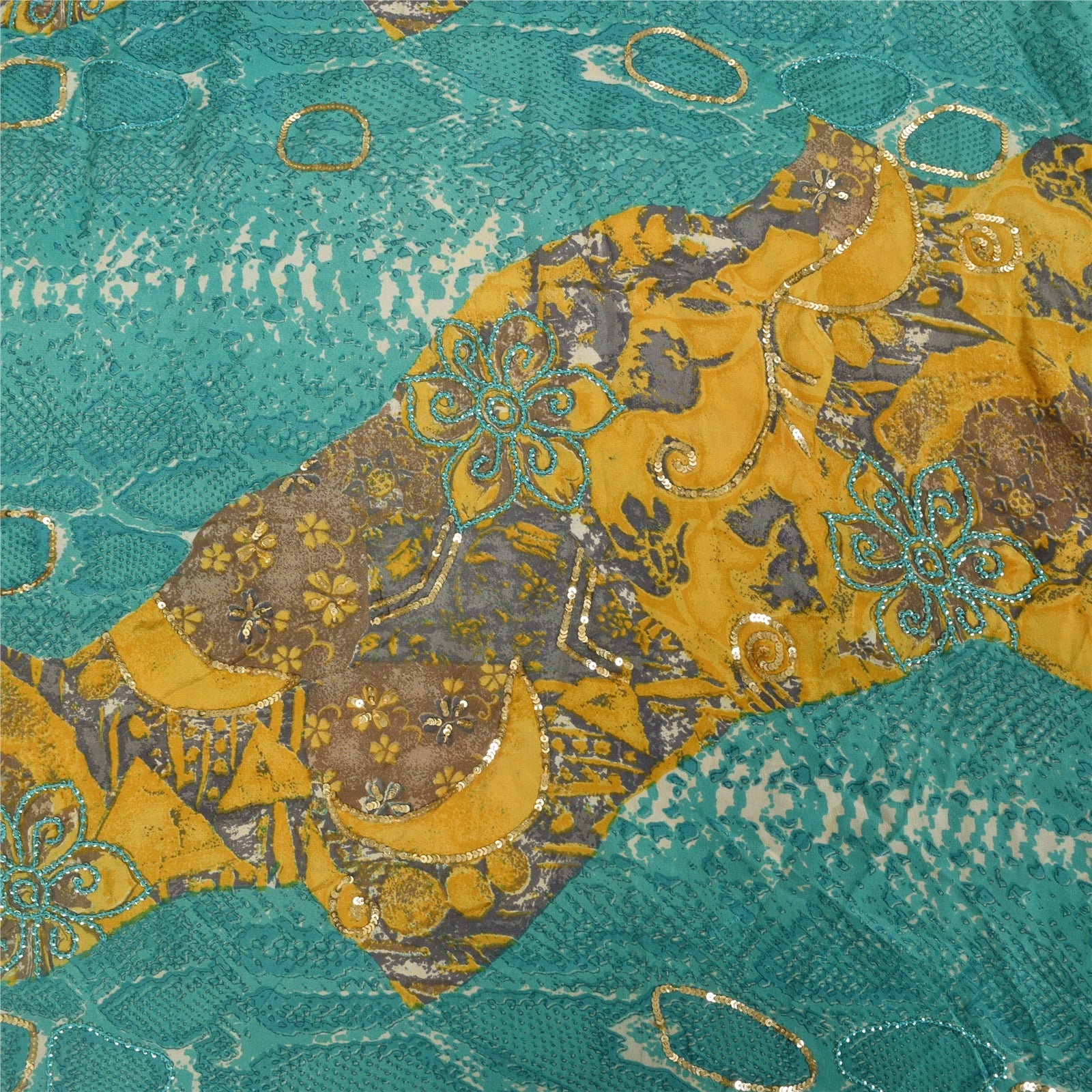 Sanskriti Vintage Sarees Blue & Yellow Pure Crepe Print Embroidered Sari Fabric