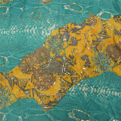 Sanskriti Vintage Sarees Blue & Yellow Pure Crepe Print Embroidered Sari Fabric