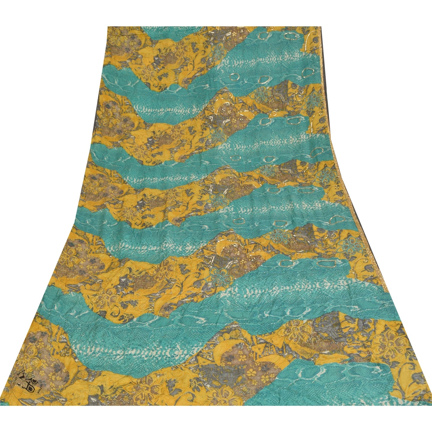 Sanskriti Vintage Sarees Blue & Yellow Pure Crepe Print Embroidered Sari Fabric