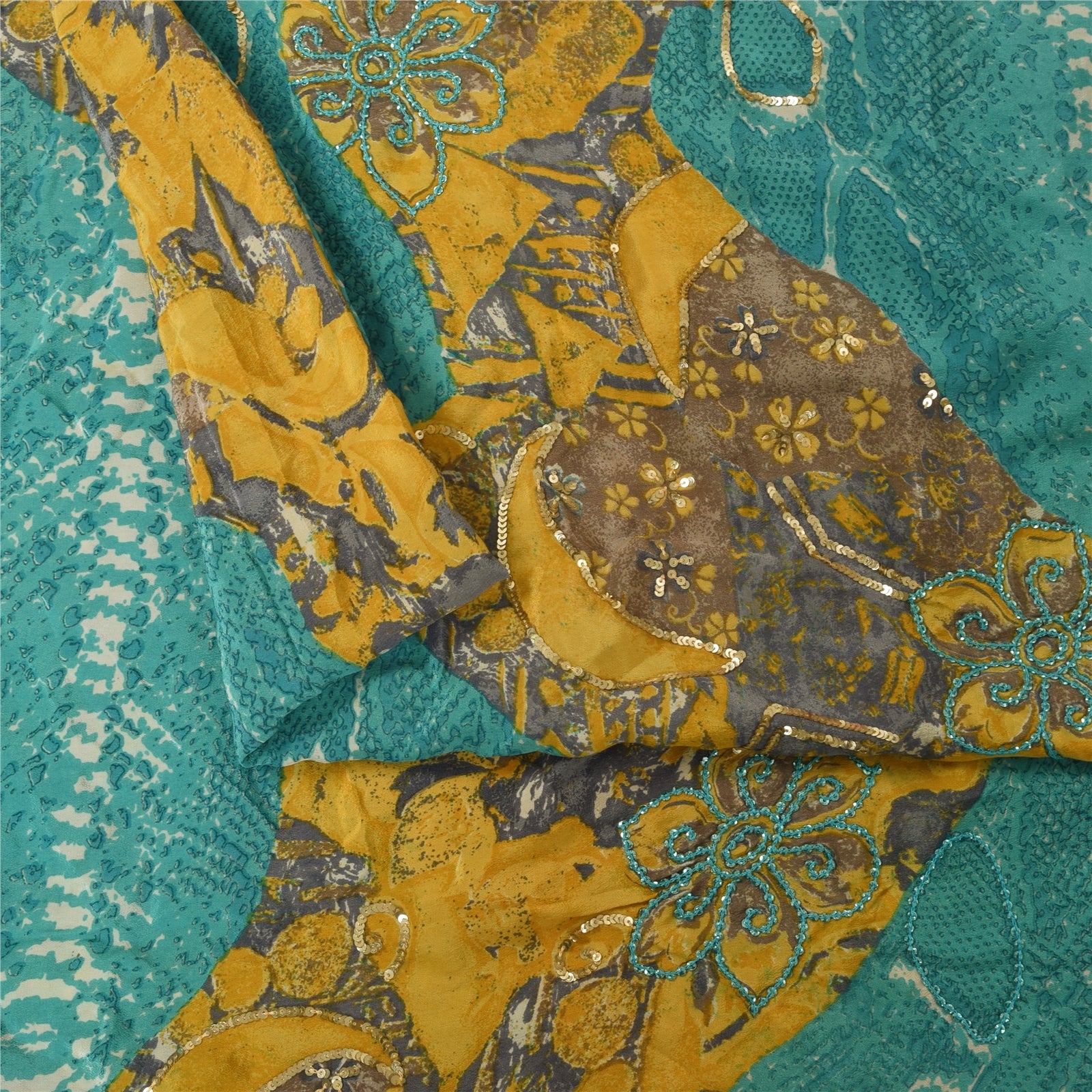 Sanskriti Vintage Sarees Blue & Yellow Pure Crepe Print Embroidered Sari Fabric