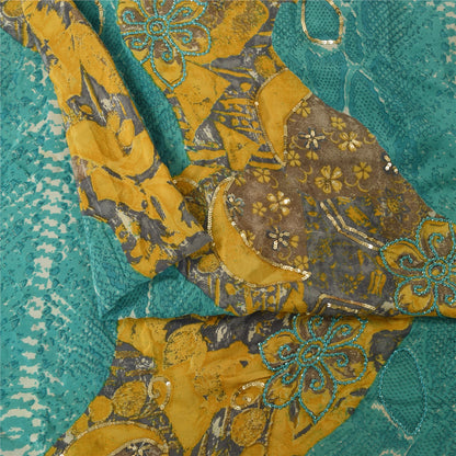 Sanskriti Vintage Sarees Blue & Yellow Pure Crepe Print Embroidered Sari Fabric