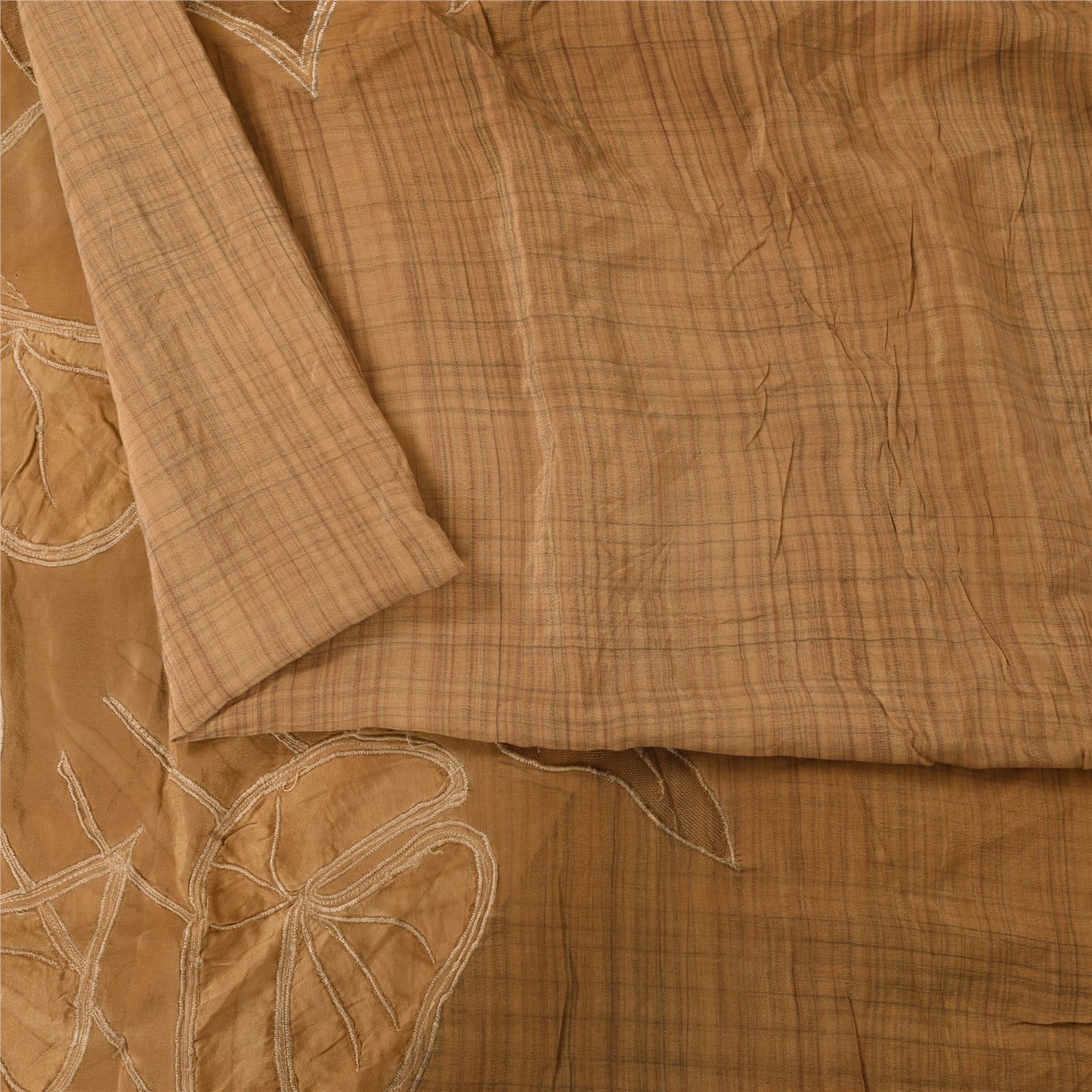 Sanskriti Vintage Sarees Brown Pure Crepe Embroidered Sari 5+yd Craft Fabric