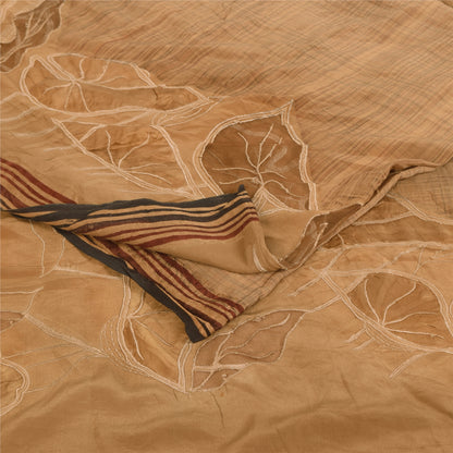 Sanskriti Vintage Sarees Brown Pure Crepe Embroidered Sari 5+yd Craft Fabric