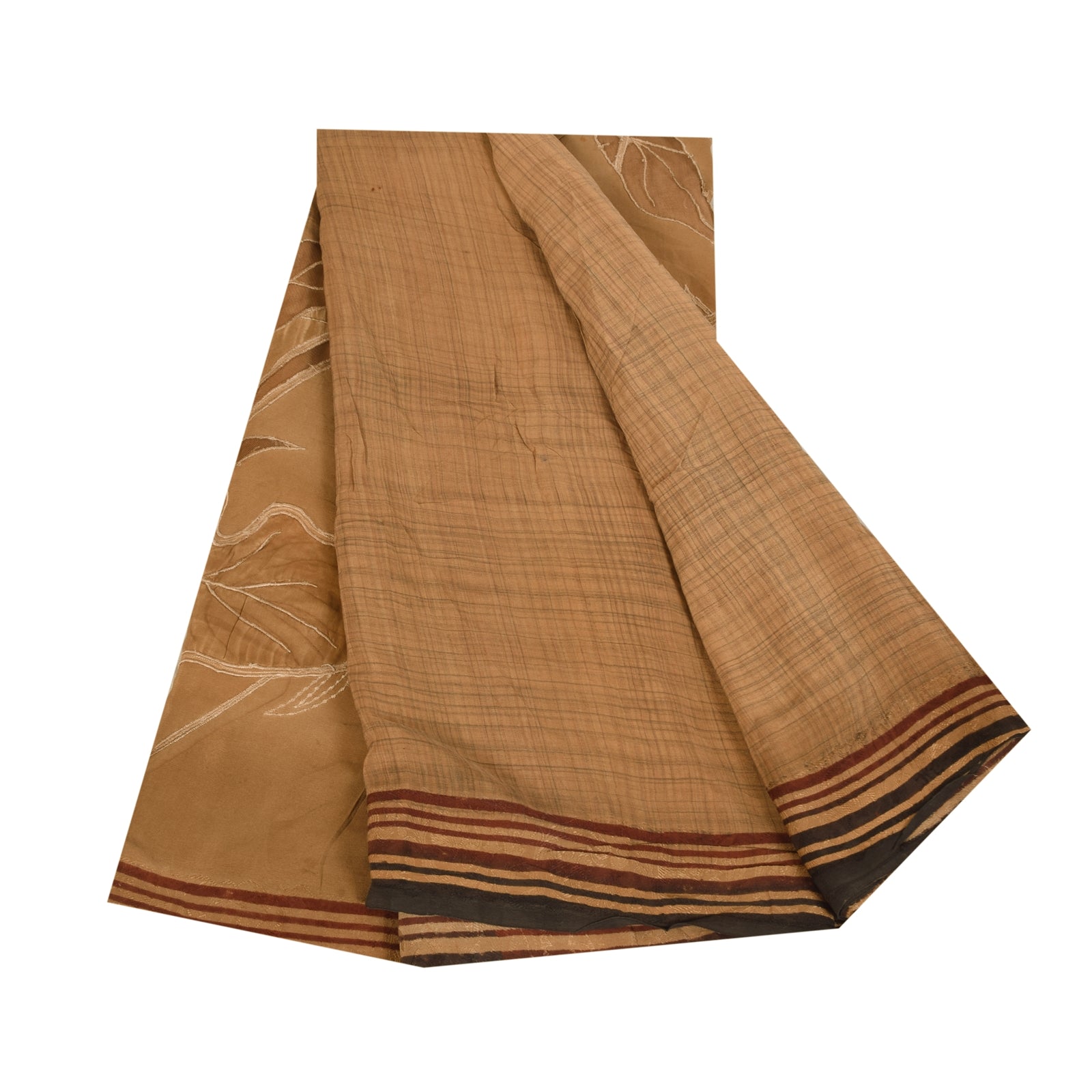 Sanskriti Vintage Sarees Brown Pure Crepe Embroidered Sari 5+yd Craft Fabric
