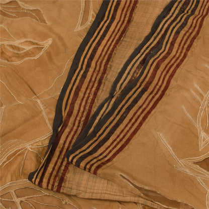 Sanskriti Vintage Sarees Brown Pure Crepe Embroidered Sari 5+yd Craft Fabric