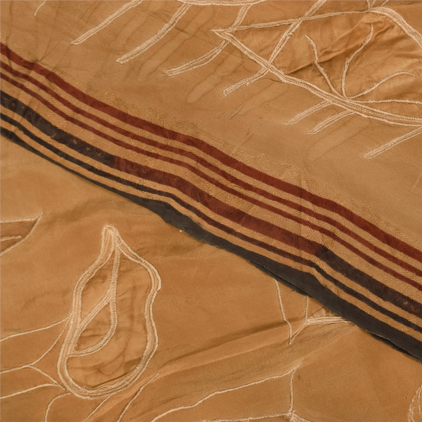 Sanskriti Vintage Sarees Brown Pure Crepe Embroidered Sari 5+yd Craft Fabric