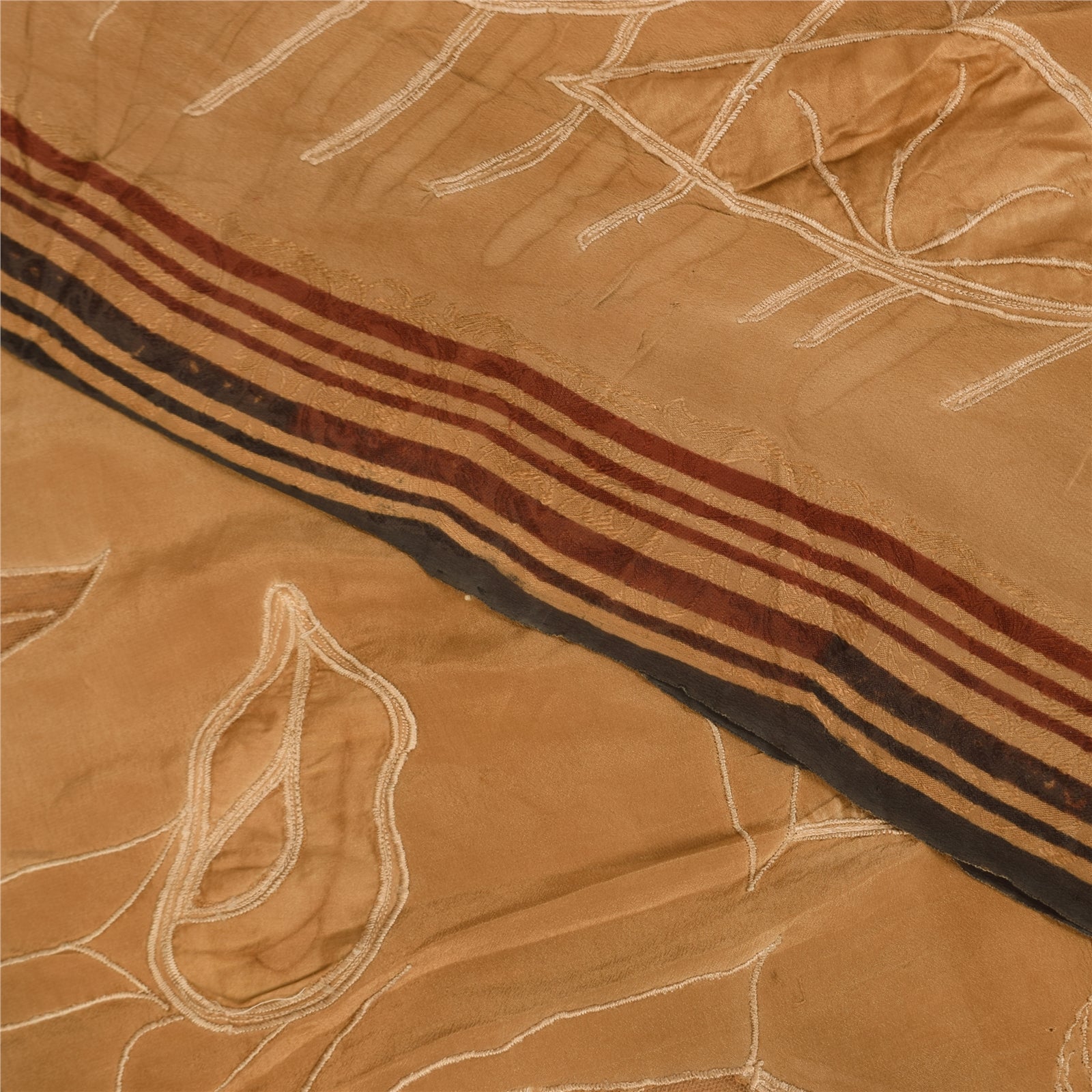 Sanskriti Vintage Sarees Brown Pure Crepe Embroidered Sari 5+yd Craft Fabric