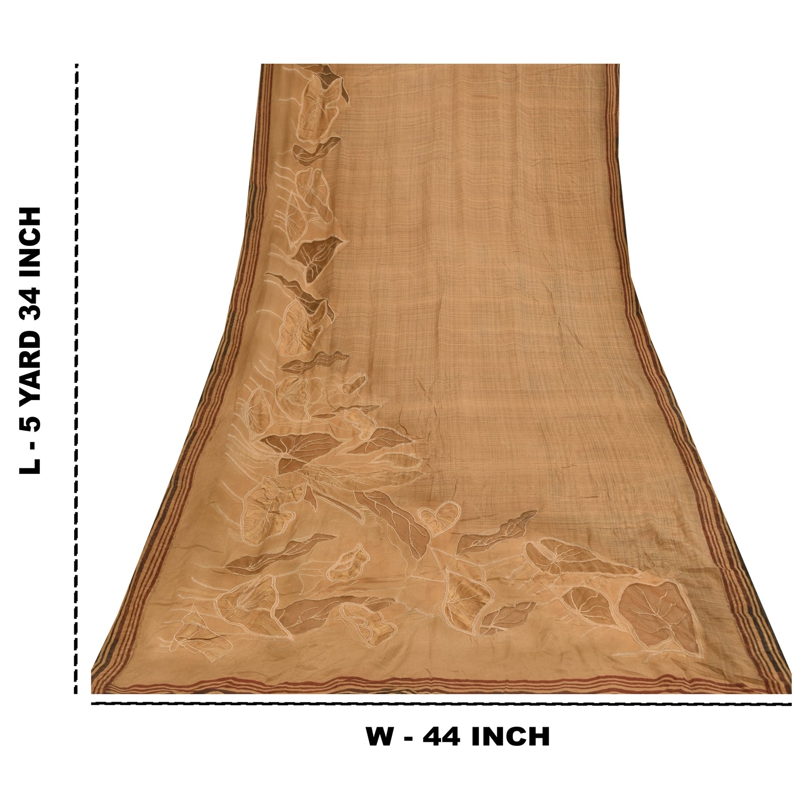 Sanskriti Vintage Sarees Brown Pure Crepe Embroidered Sari 5+yd Craft Fabric