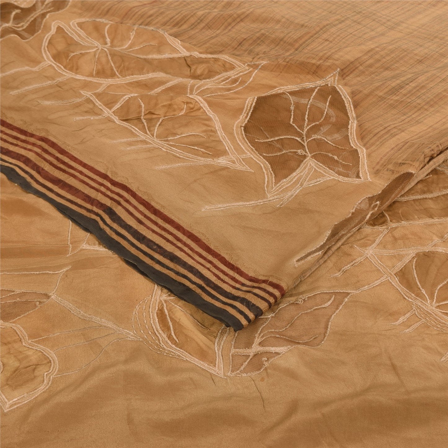 Sanskriti Vintage Sarees Brown Pure Crepe Embroidered Sari 5+yd Craft Fabric