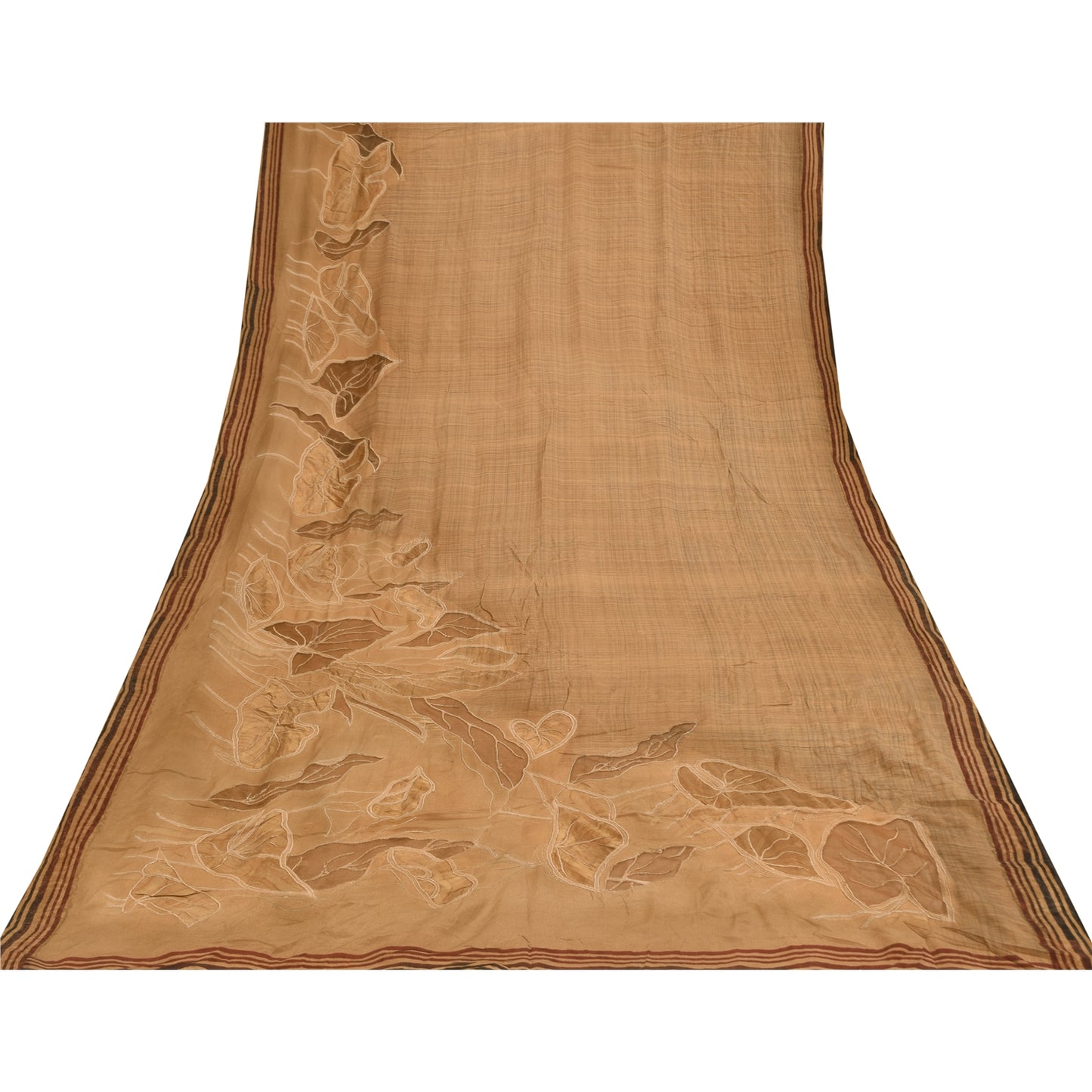 Sanskriti Vintage Sarees Brown Pure Crepe Embroidered Sari 5+yd Craft Fabric