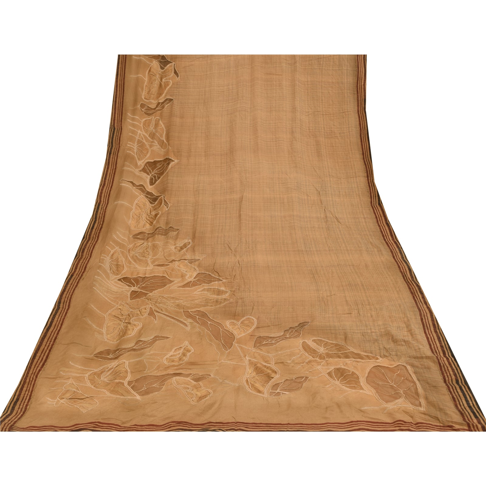 Sanskriti Vintage Sarees Brown Pure Crepe Embroidered Sari 5+yd Craft Fabric