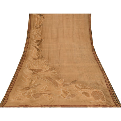 Sanskriti Vintage Sarees Brown Pure Crepe Embroidered Sari 5+yd Craft Fabric