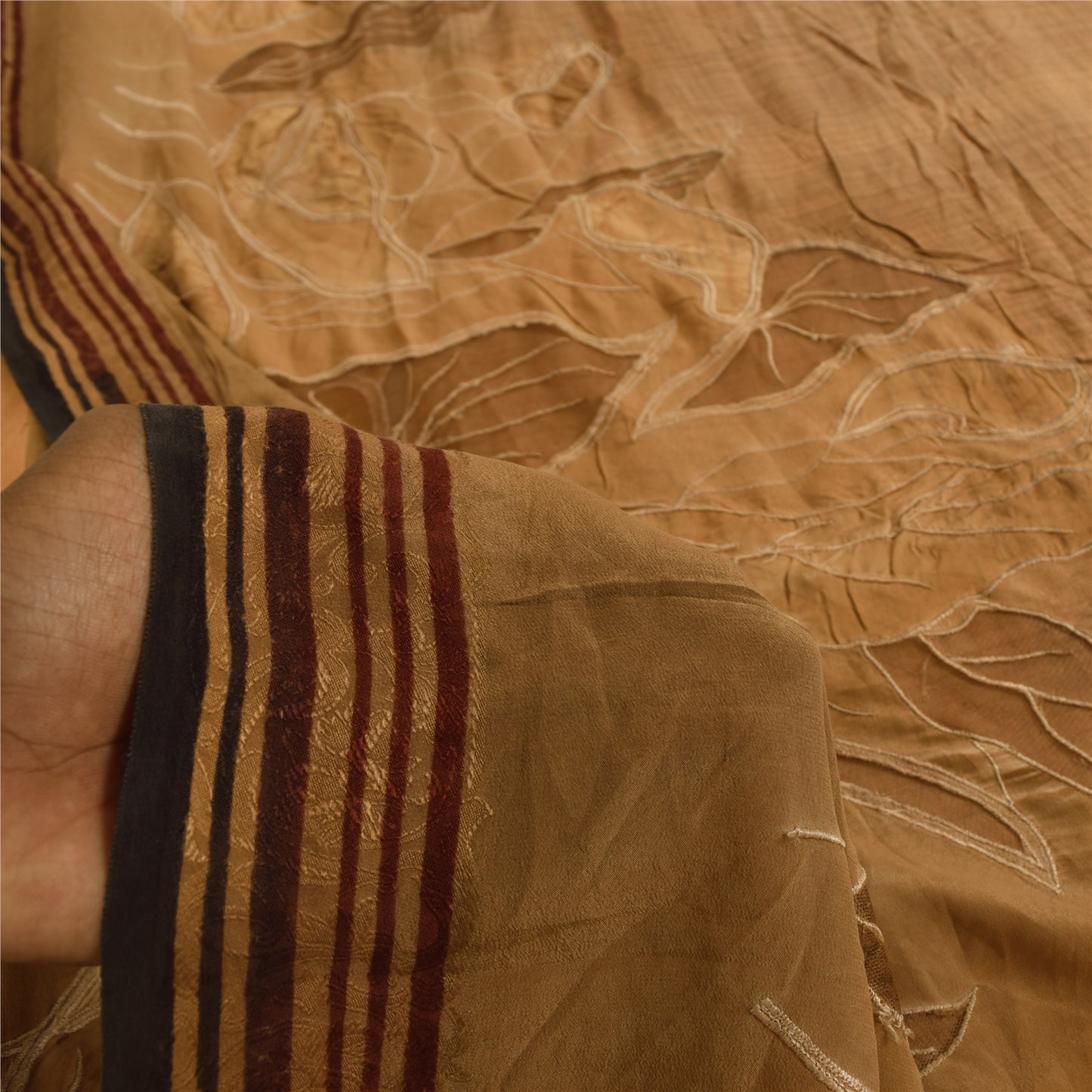 Sanskriti Vintage Sarees Brown Pure Crepe Embroidered Sari 5+yd Craft Fabric