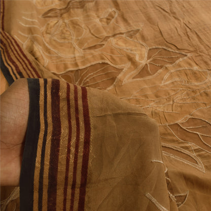 Sanskriti Vintage Sarees Brown Pure Crepe Embroidered Sari 5+yd Craft Fabric