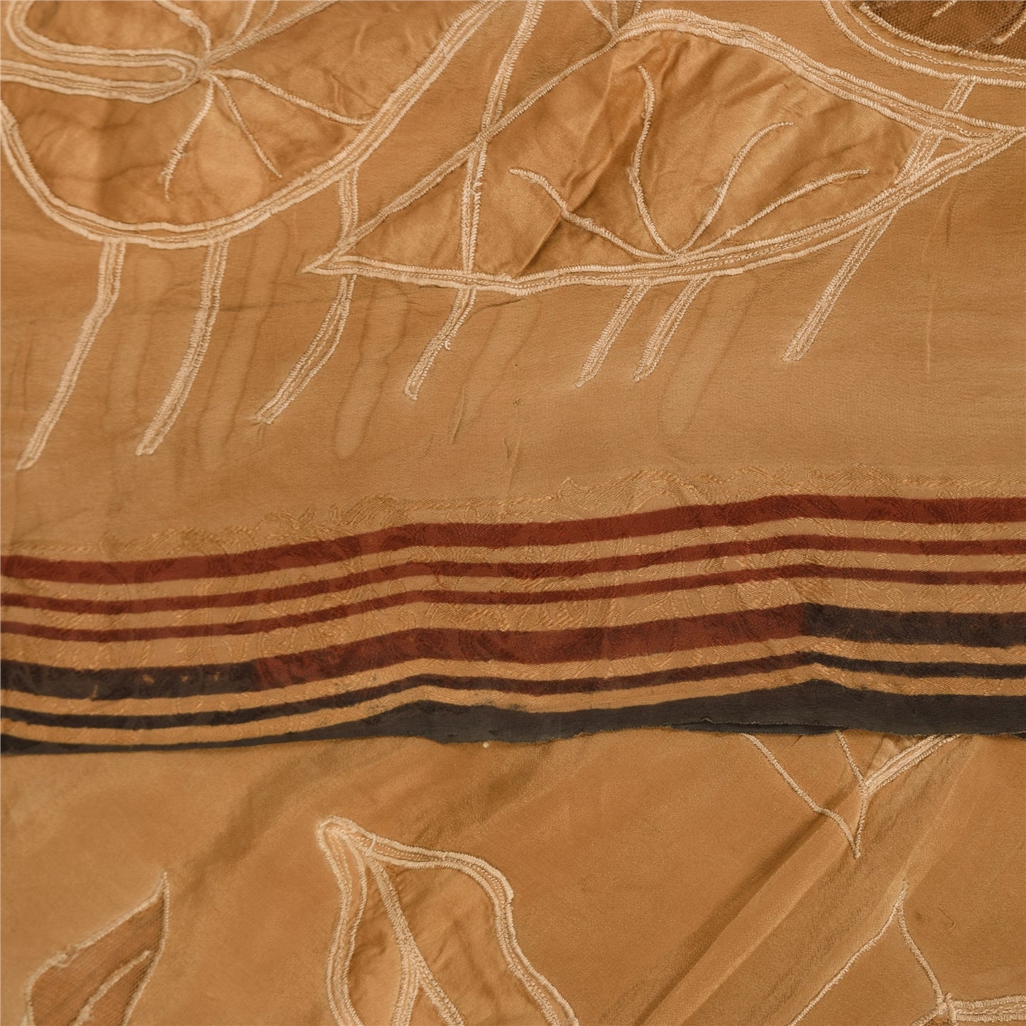 Sanskriti Vintage Sarees Brown Pure Crepe Embroidered Sari 5+yd Craft Fabric