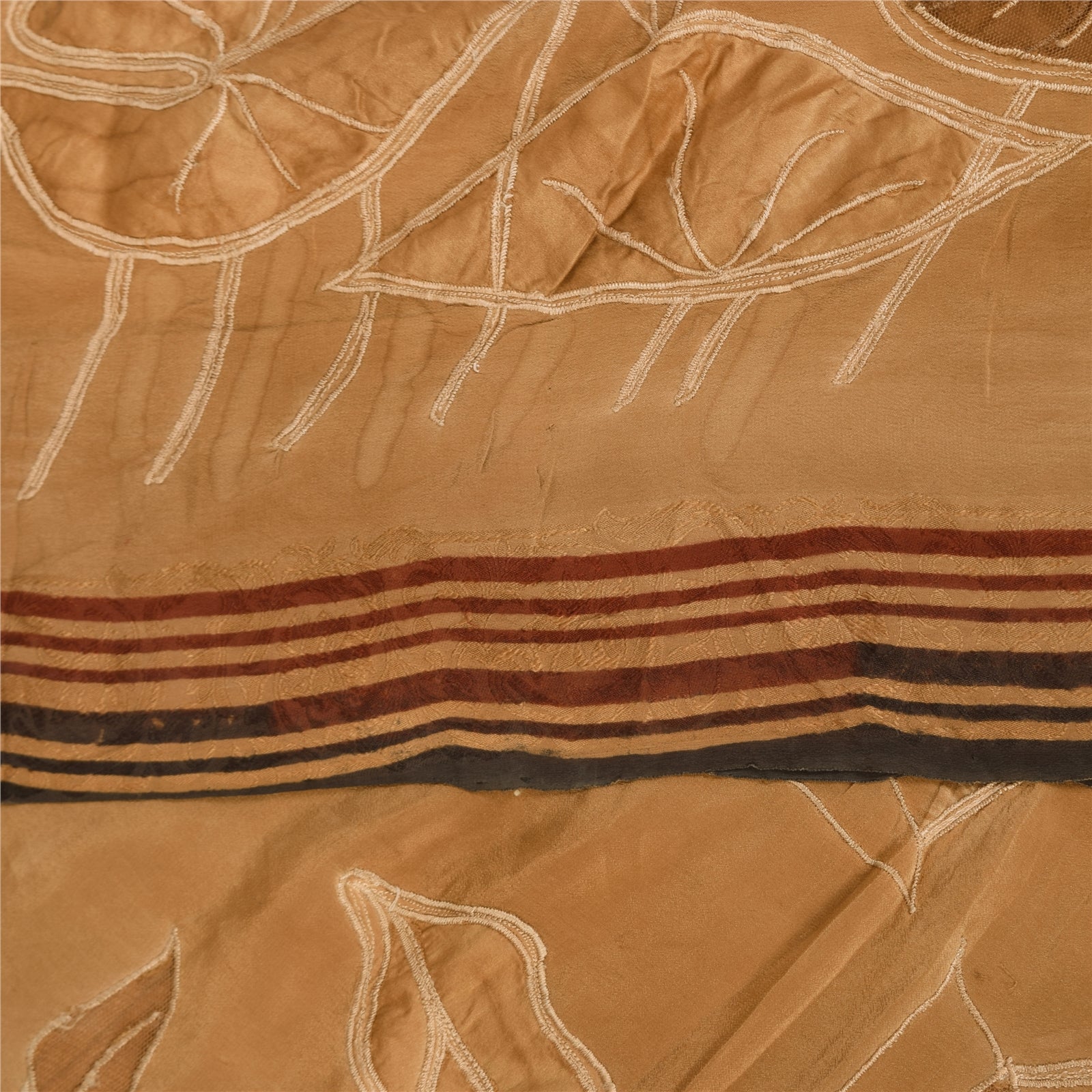 Sanskriti Vintage Sarees Brown Pure Crepe Embroidered Sari 5+yd Craft Fabric