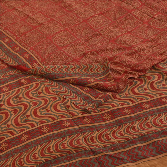 Sanskriti Vintage Sarees Dark Red Pure Crepe Silk Printed Sari 6yd Craft Sustainable Fabric