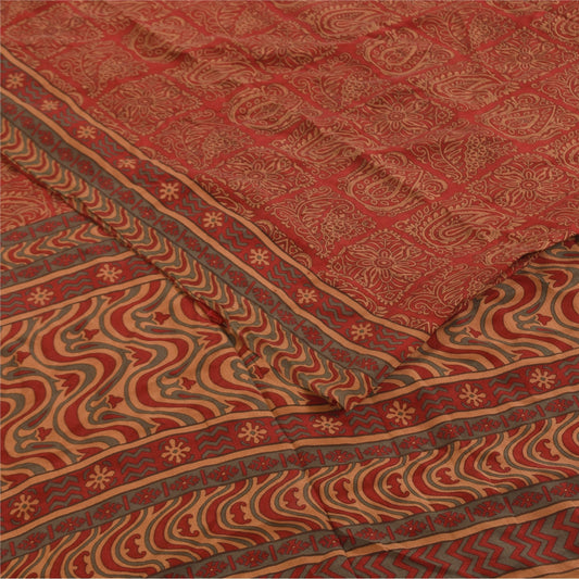 Sanskriti Vintage Sarees Dark Red Pure Crepe Silk Printed Sari 6yd Craft Sustainable Fabric
