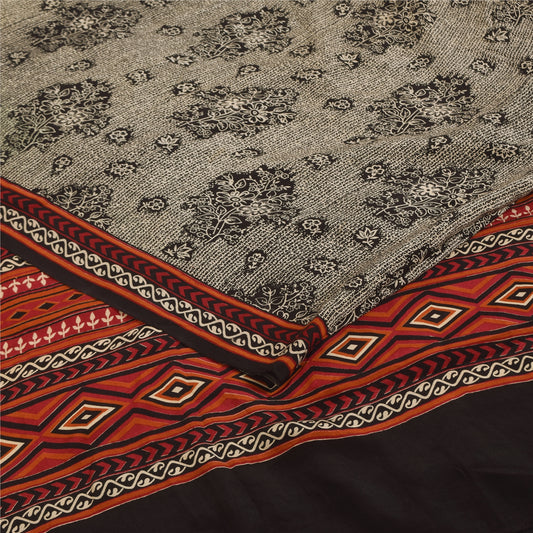 Sanskriti Vintage Sarees Gray 100% Pure Crepe Silk Printed Sari 6yd Craft Sustainable Fabric