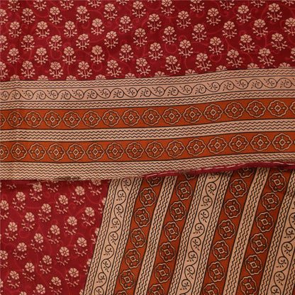 Sanskriti Vintage Sarees Dark Red Pure Crepe Silk Printed Sari 5+yd Craft Fabric