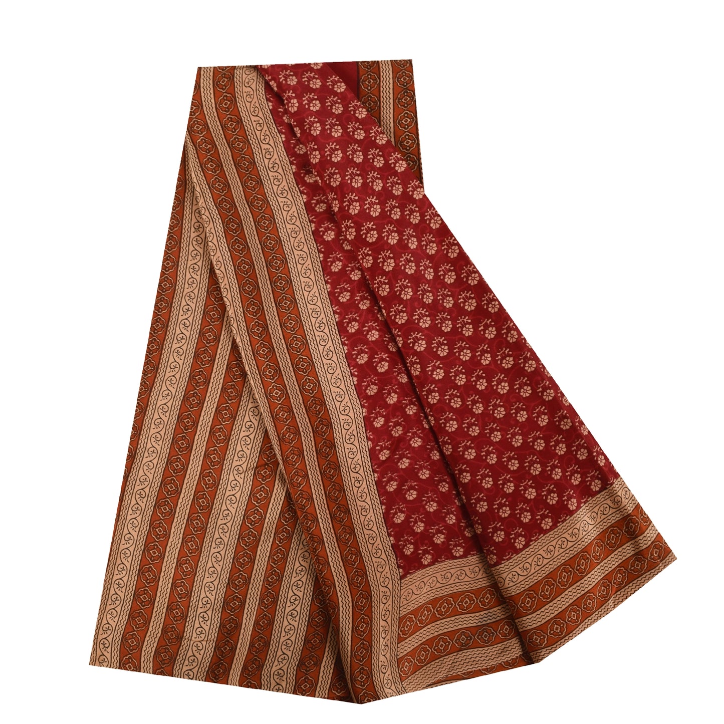 Sanskriti Vintage Sarees Dark Red Pure Crepe Silk Printed Sari 5+yd Craft Fabric