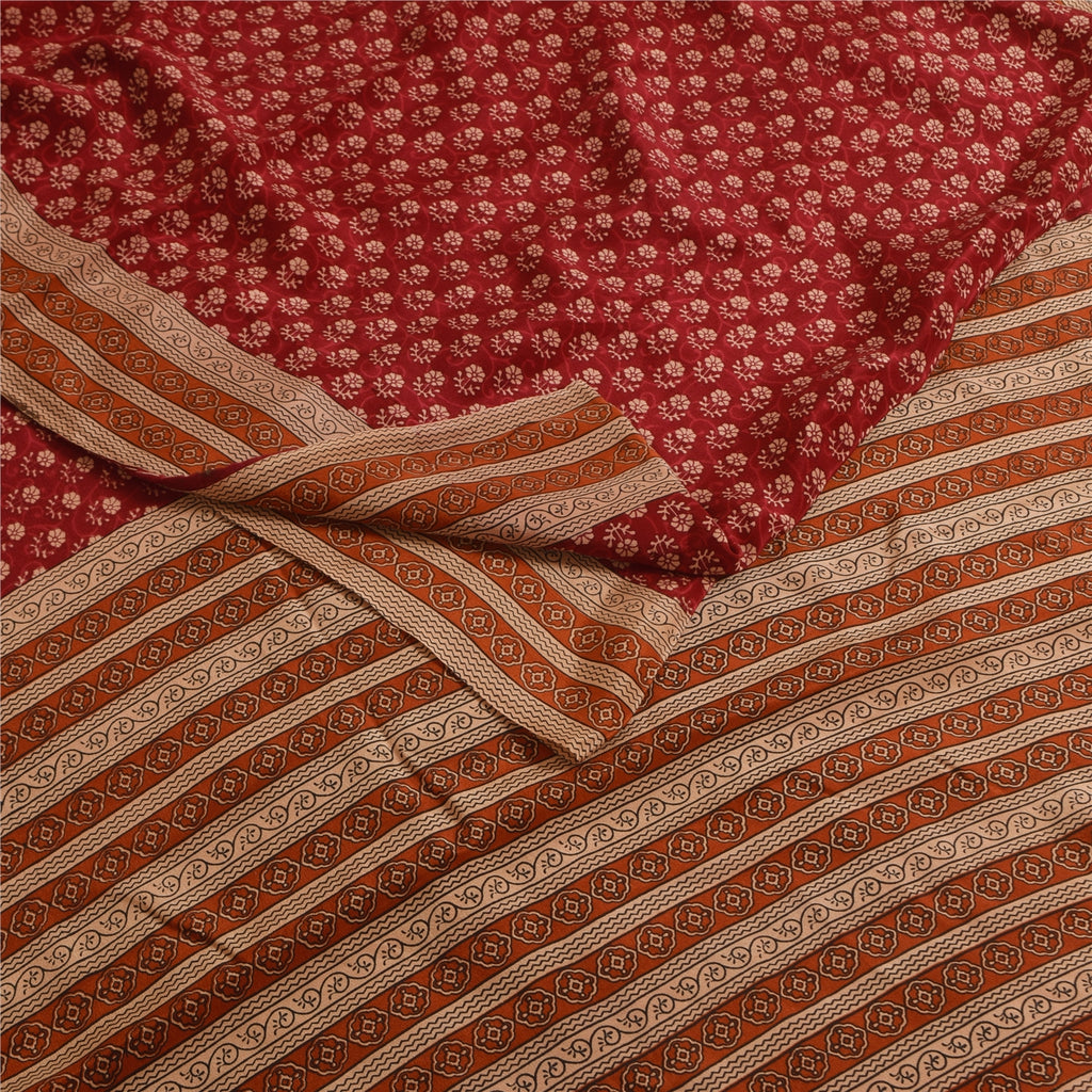 Sanskriti Vintage Sarees Dark Red Pure Crepe Silk Printed Sari 5+yd Craft Fabric