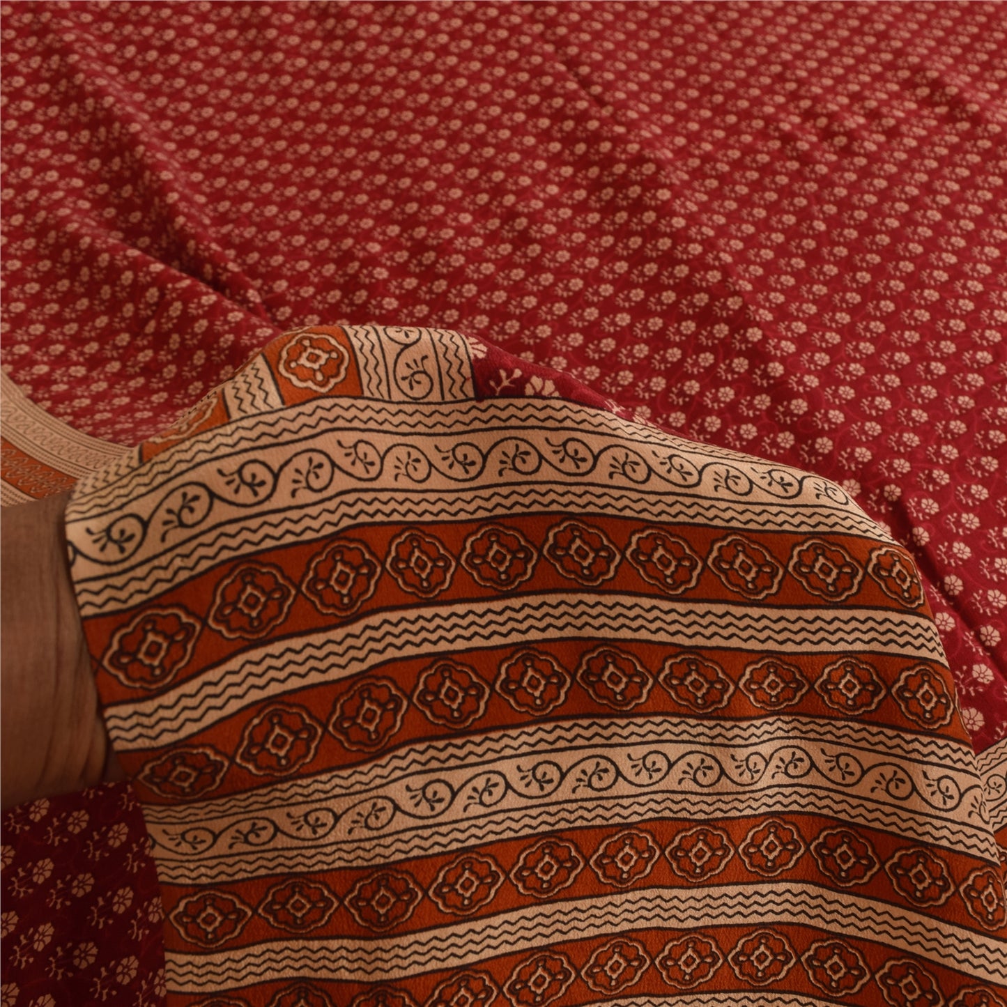 Sanskriti Vintage Sarees Dark Red Pure Crepe Silk Printed Sari 5+yd Craft Fabric