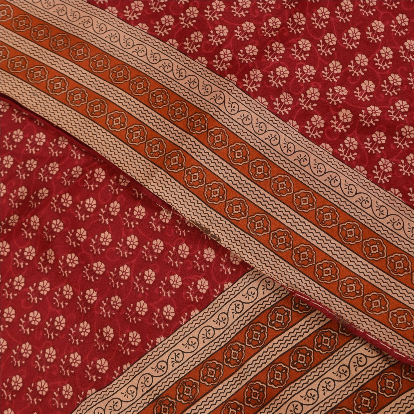 Sanskriti Vintage Sarees Dark Red Pure Crepe Silk Printed Sari 5+yd Craft Fabric