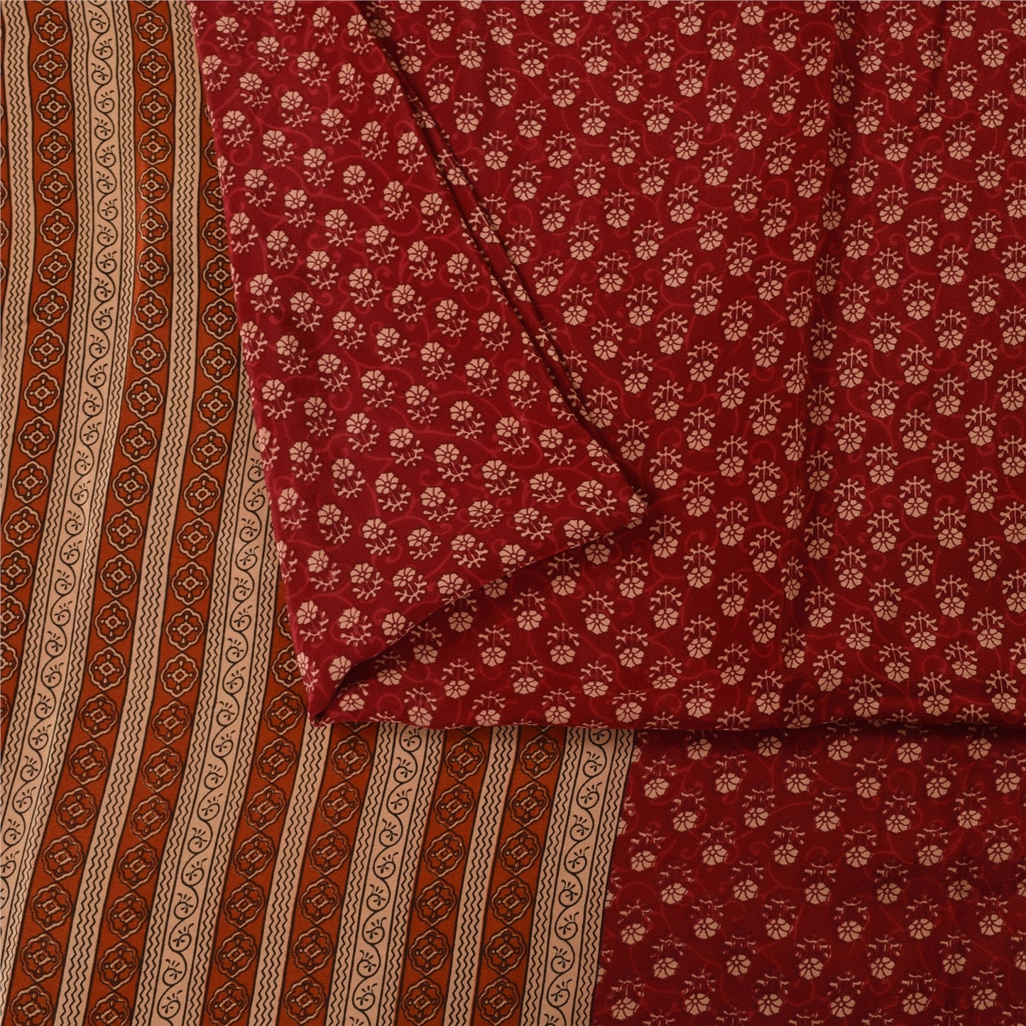 Sanskriti Vintage Sarees Dark Red Pure Crepe Silk Printed Sari 5+yd Craft Fabric