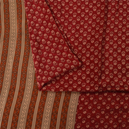 Sanskriti Vintage Sarees Dark Red Pure Crepe Silk Printed Sari 5+yd Craft Fabric
